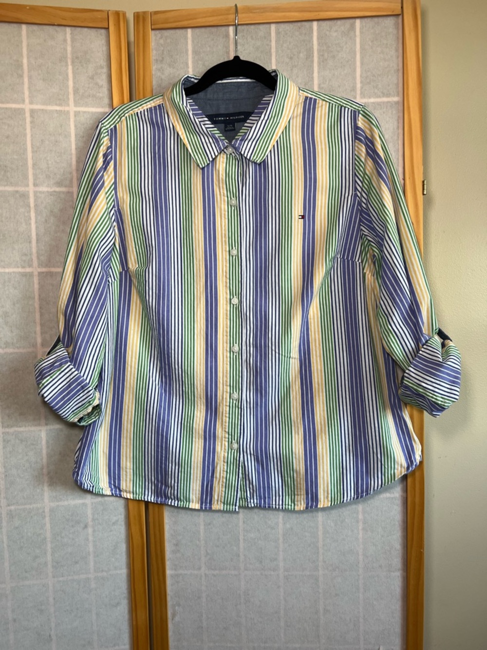 Tommy Hilfiger Women’s  Striped Button Down Shirt L Blue Green Yellow Logo